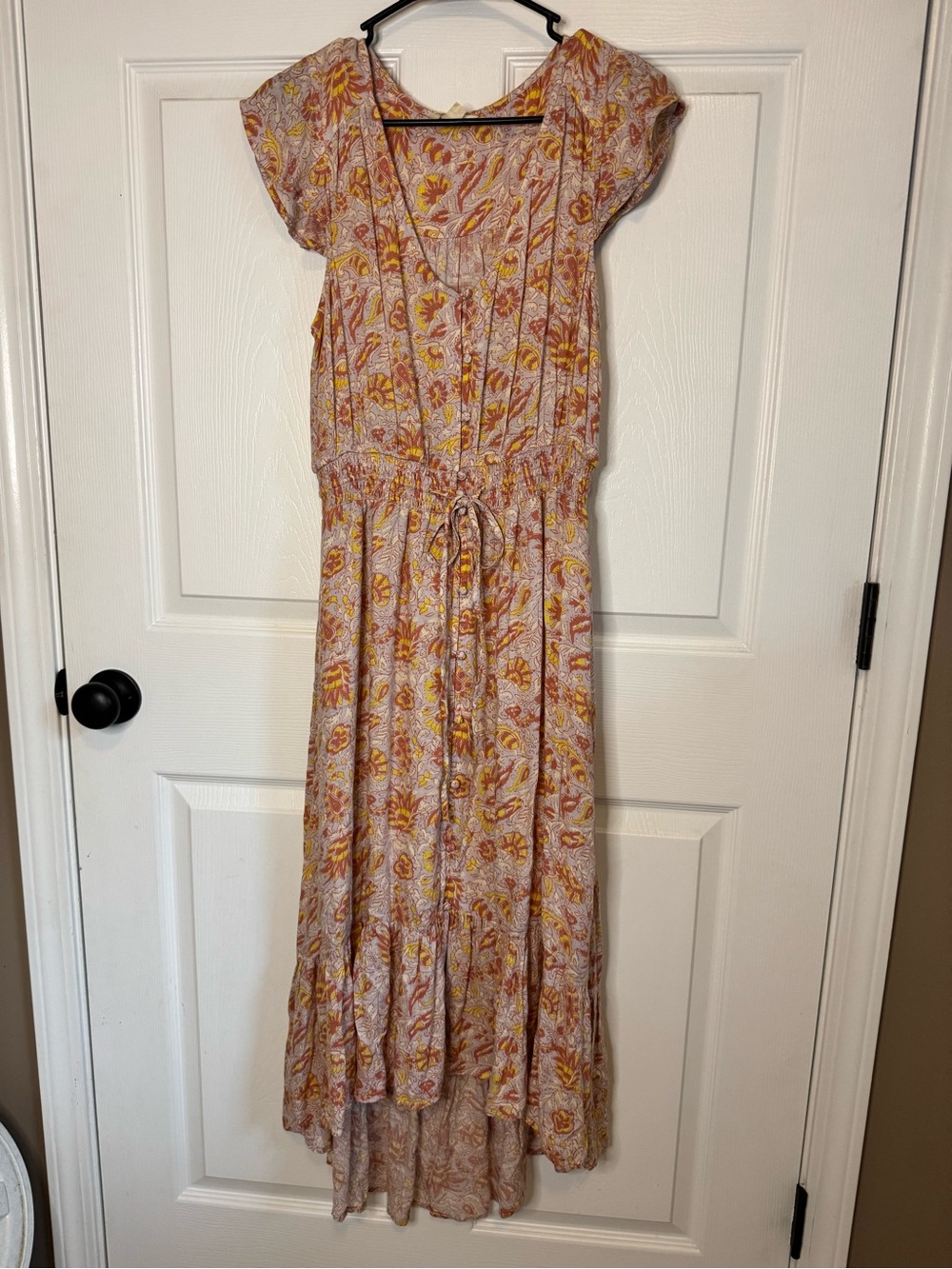 Lucky Brand Pink Floral Tie-Waist Maxi Dress with Mustard Accents